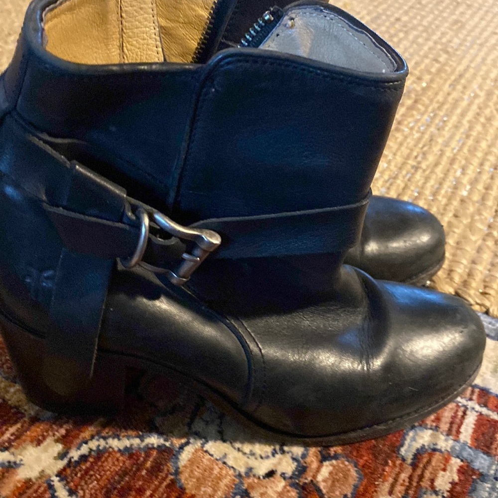 Frye 3 inch block heel black boots with buckle